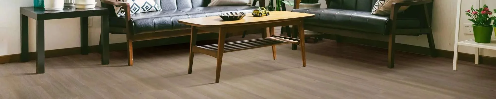 Living room with Wooden Coffee Table and beige LVT flooring